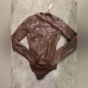 SKIMS Brown Faux Leather Long-Sleeve Bodysuit Jacket